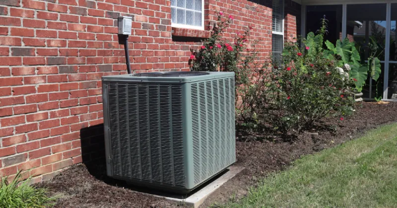 Home HVAC Unit next to modern brick home