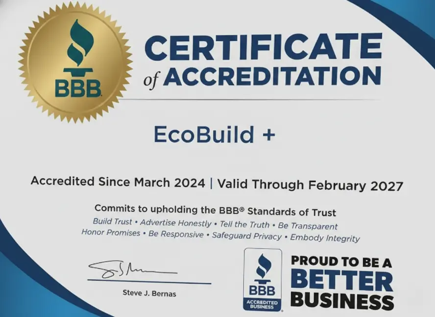BBB accreditation certificate for EcoBuild Plus, valid through 2027