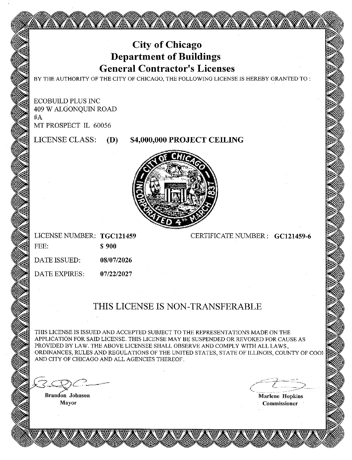 EcoBuild Plus City of Chicago general contractor license TGC121459, active through July 22, 2027
